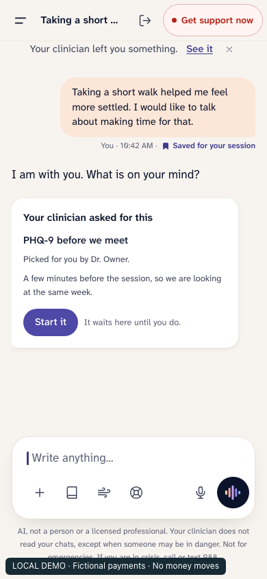 A client’s conversation with the Moonbridge companion on a phone, captured from the running app with fictional test data.