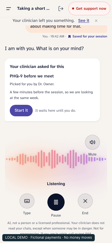 The companion listening while a client talks out loud, captured from the running app with fictional test data.