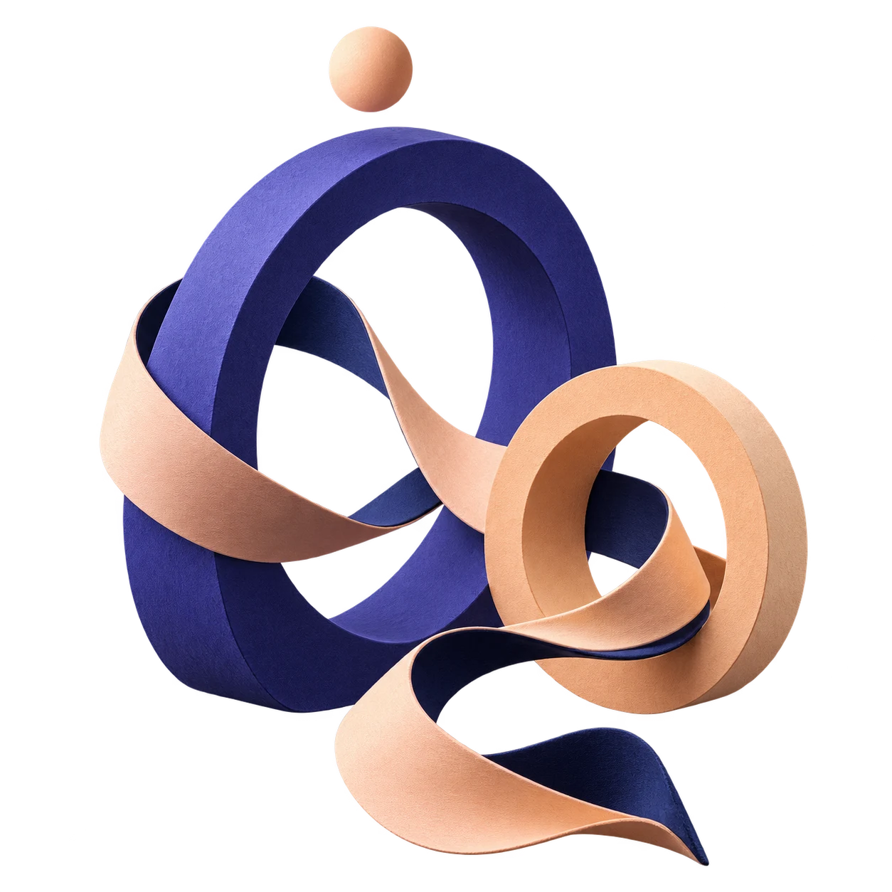 Two open indigo and peach forms connected by a continuous ribbon.