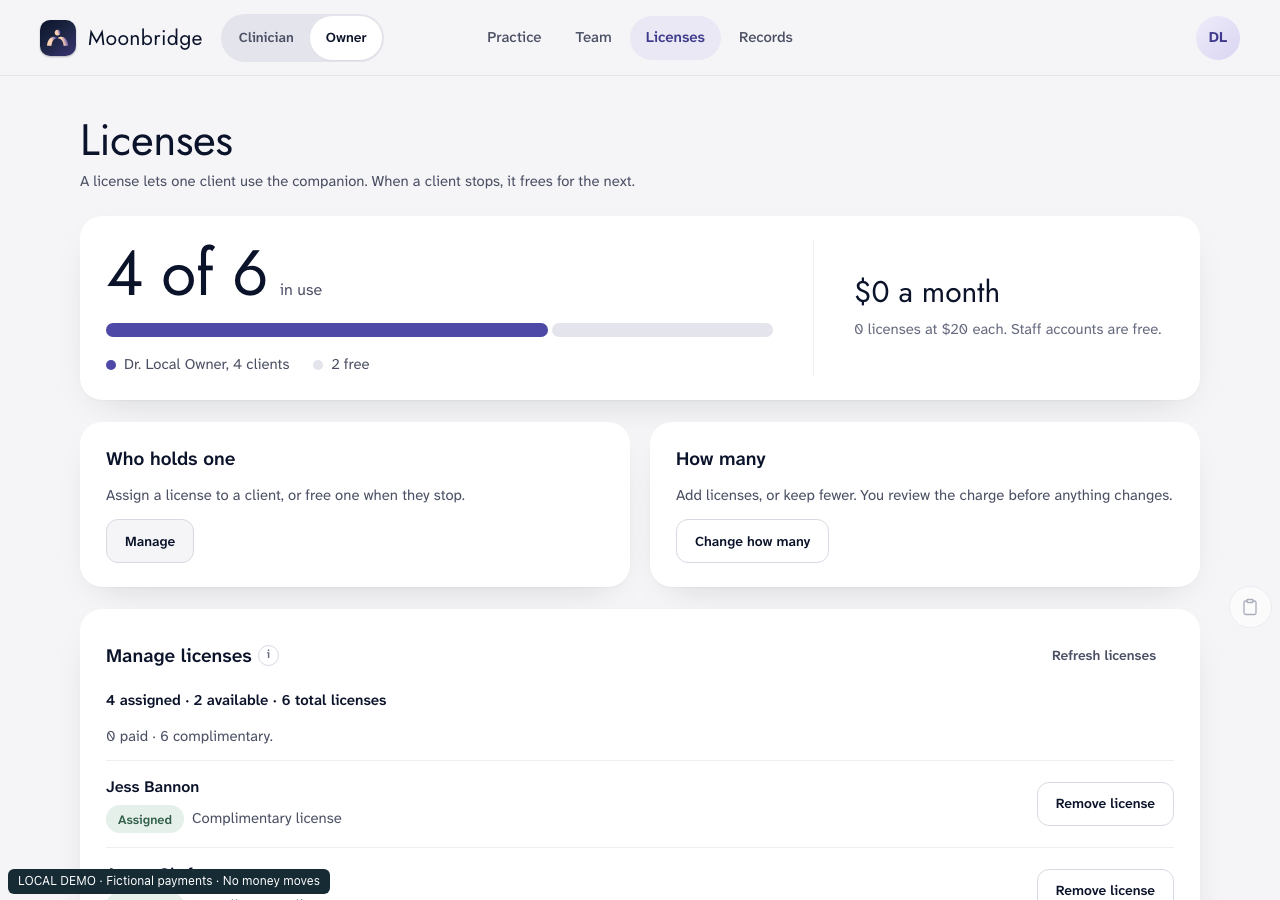 Team and patient license management in the running app, using fictional test data.